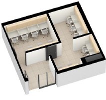 스터디룸 3D 평면. 칸막이 책상이 놓인 방